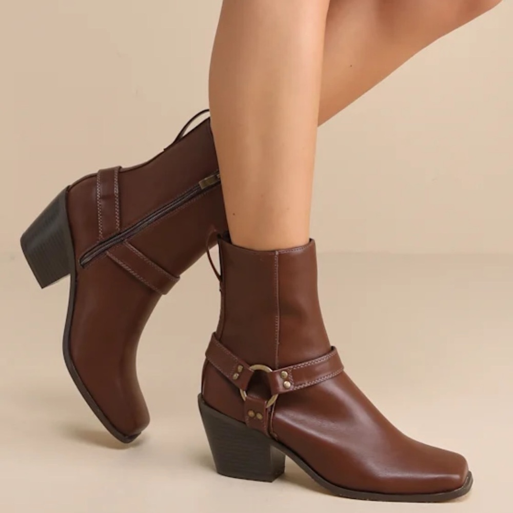 NIB Lulus Sammson Cognac Mid-Calf Moto Boots - 7
